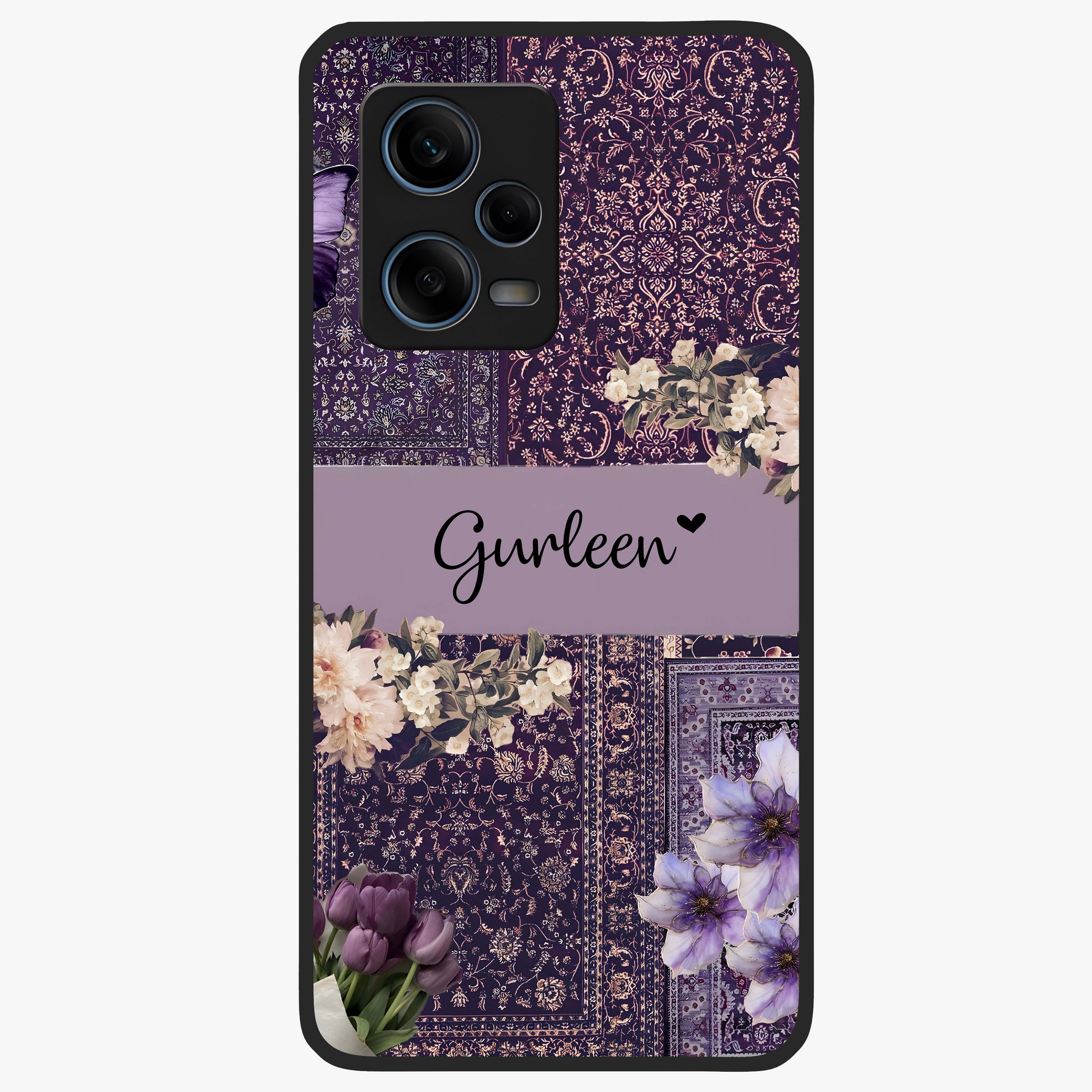 Antique Floral Whisper Custom Name Glass Case showing flat back view with vintage floral artwork and personalized name design.