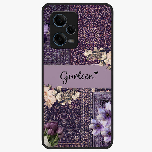 Antique Floral Whisper Custom Name Glass Case showing flat back view with vintage floral artwork and personalized name design.