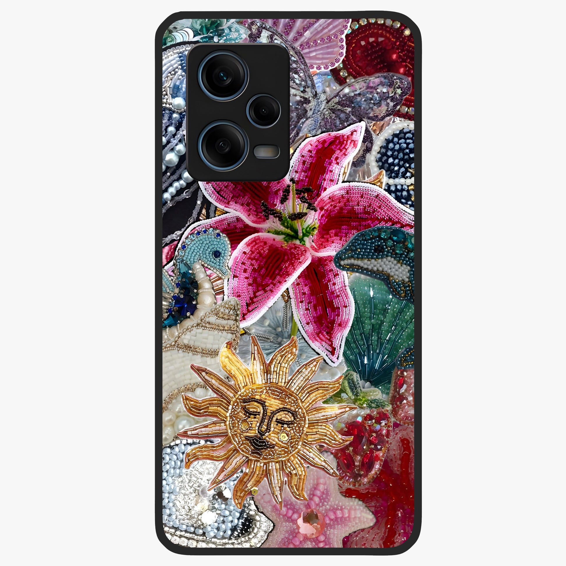Beaded Garden Fantasy Glass Case showing flat back view with dreamy garden bead artwork and glossy glass finish.