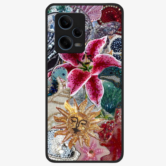 Beaded Garden Fantasy Glass Case showing flat back view with dreamy garden bead artwork and glossy glass finish.