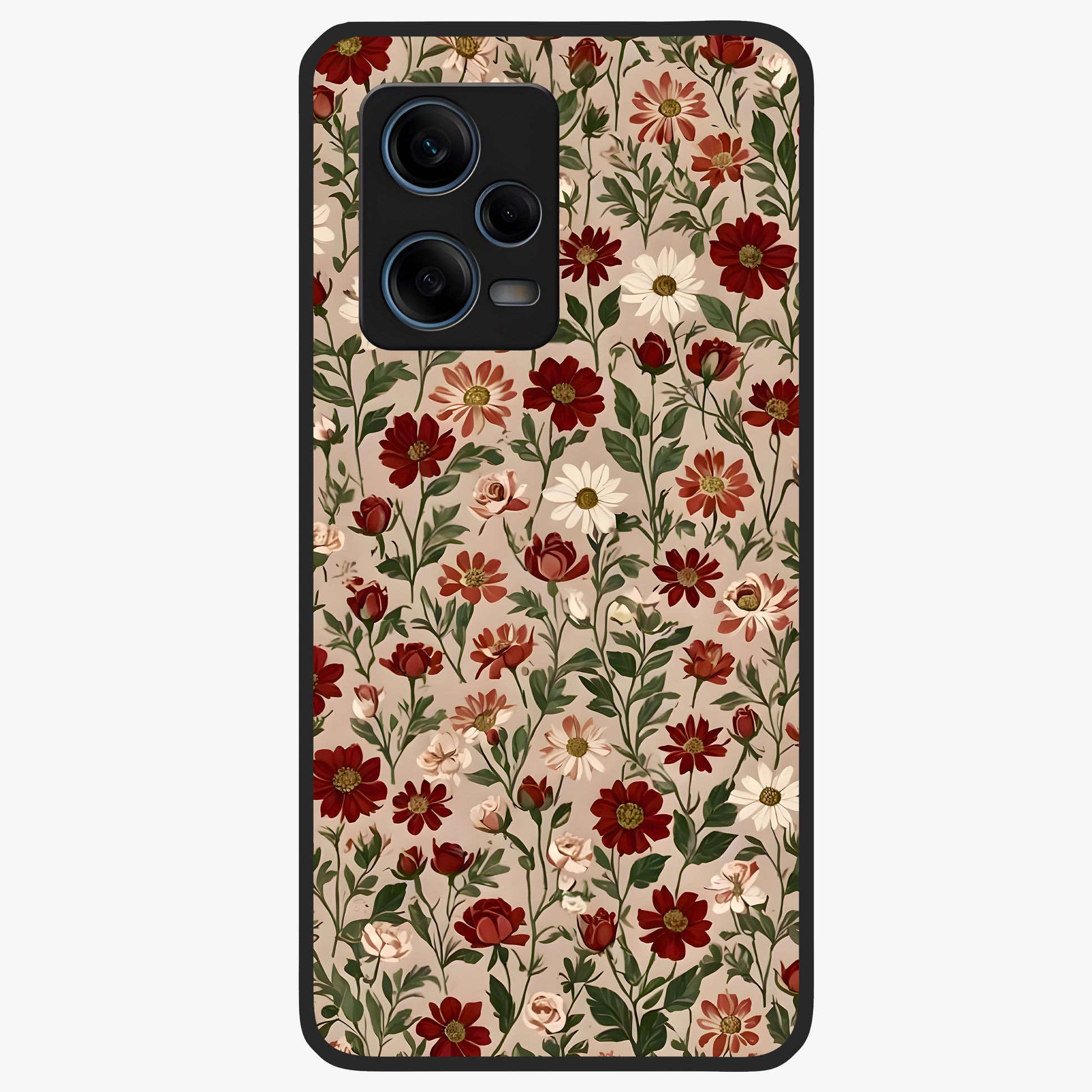 Biege Flower With Leaf Glass Case showing flat back view with soft beige floral artwork and glossy glass finish.
