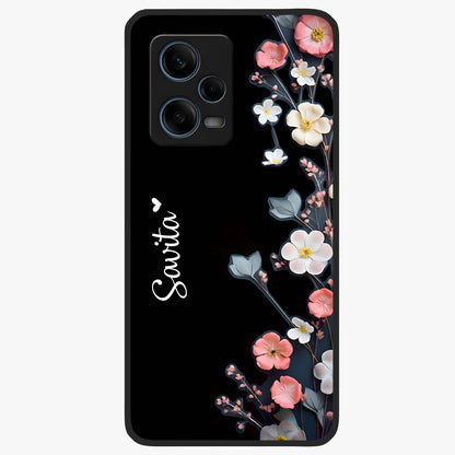 Black Elegance Floral Custom Name Glass Case showing flat back view with elegant floral artwork and personalized name design.