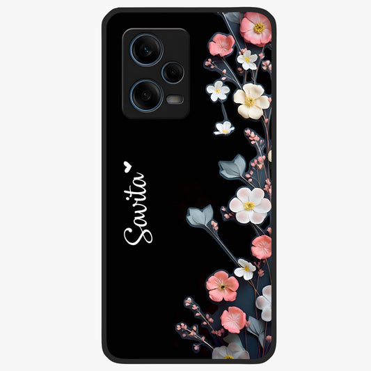 Black Elegance Floral Custom Name Glass Case showing flat back view with elegant floral artwork and personalized name design.
