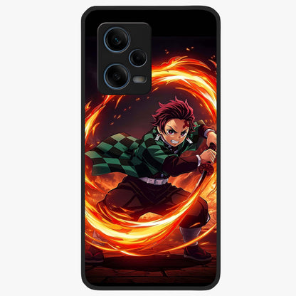 Blazing Sword Resolve Glass Case showing flat back view with fiery sword artwork and glossy glass finish.