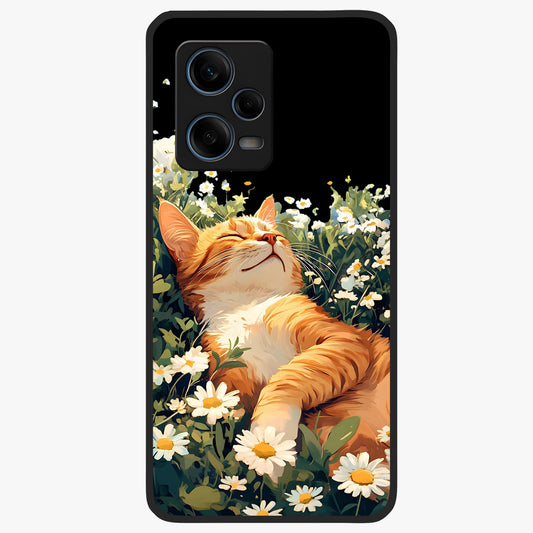 Blissful Bloom Cat Glass Case showing flat back view with cute cat and floral bloom artwork and glossy glass finish.