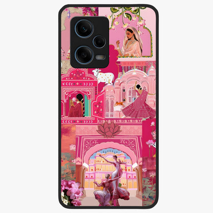 Blossoms of Rajasthan Glass Case showing flat back view with traditional floral artwork inspired by Rajasthan and glossy glass finish.