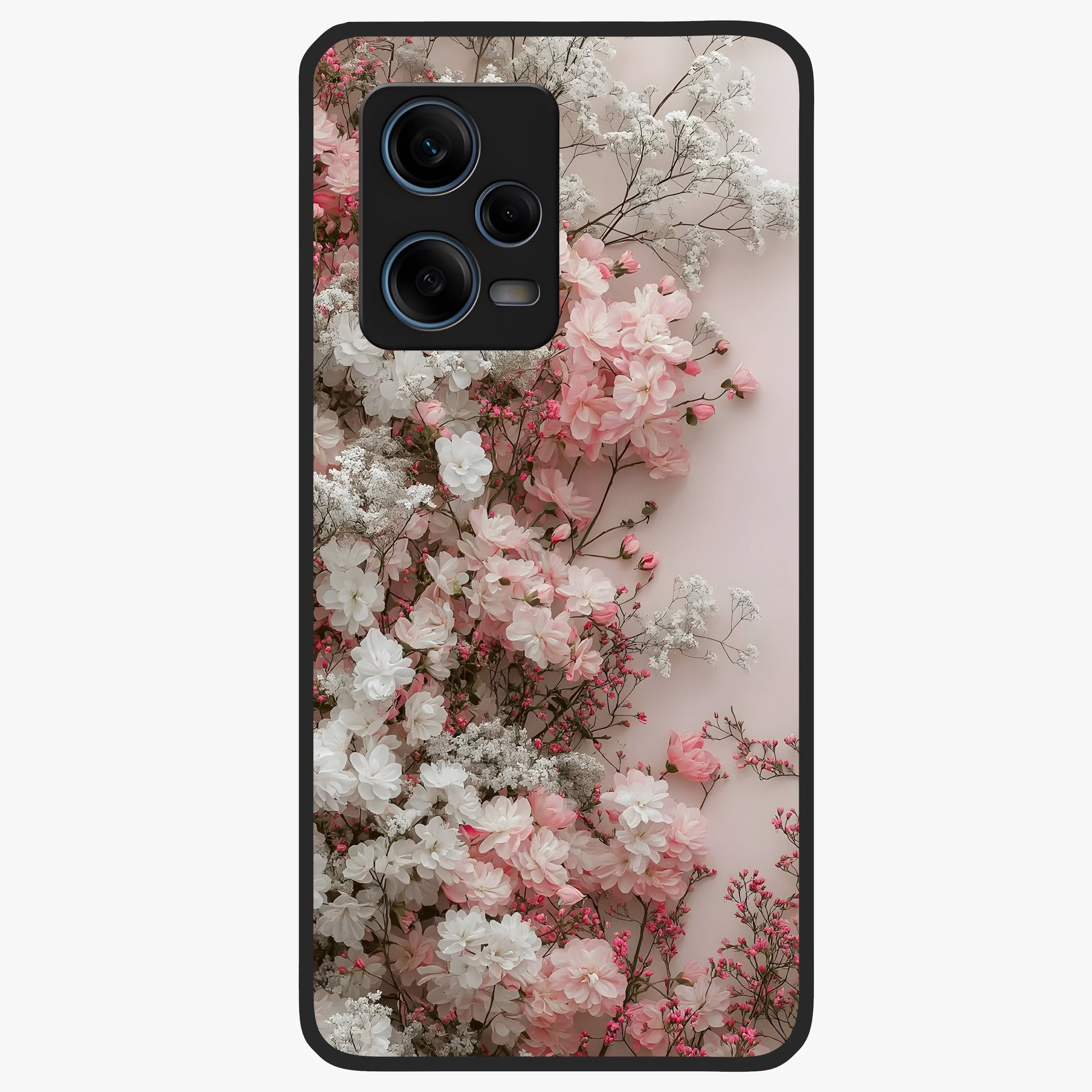 Blush Blossom Cloud Glass Case showing flat back view with dreamy blush cloud blossom artwork and glossy glass finish.