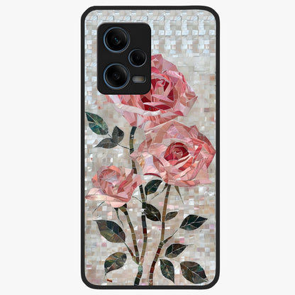 Blush Mosaic Bloom Glass Case showing flat back view with mosaic floral bloom artwork and glossy glass finish.