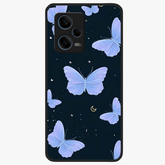 Butterfly With Stars Pattern Glass Case showing flat back view with butterfly and star pattern artwork and glossy glass finish.