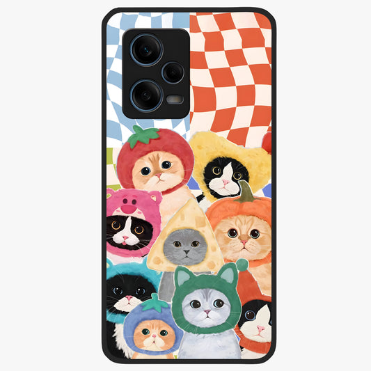 Cats in Fruits Glass Case showing flat back view with playful cat illustrations inside fruit artwork and glossy glass finish.