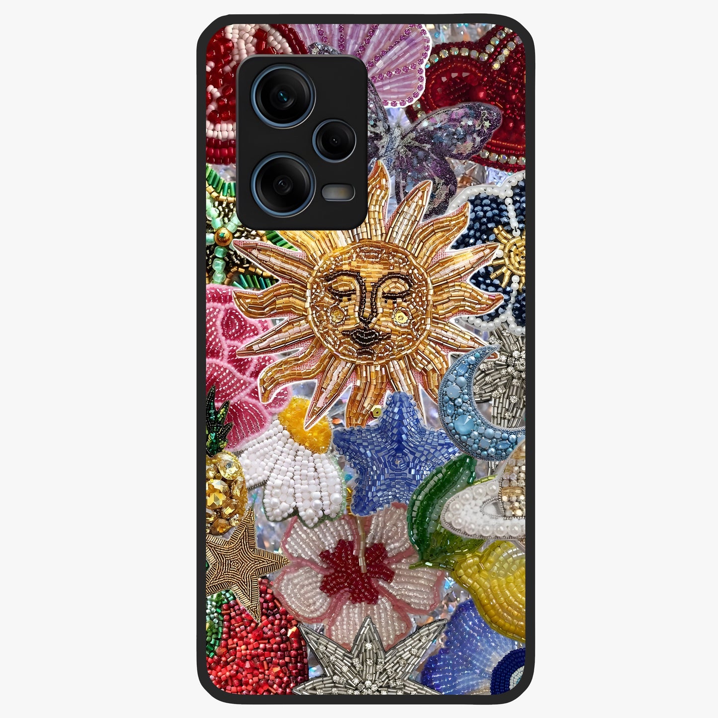 Celestial Floral and Playful Glass Case showing flat back view with floral and celestial themed artwork and glossy glass finish.