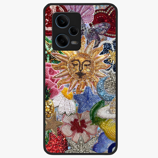 Celestial Floral and Playful Glass Case showing flat back view with floral and celestial themed artwork and glossy glass finish.