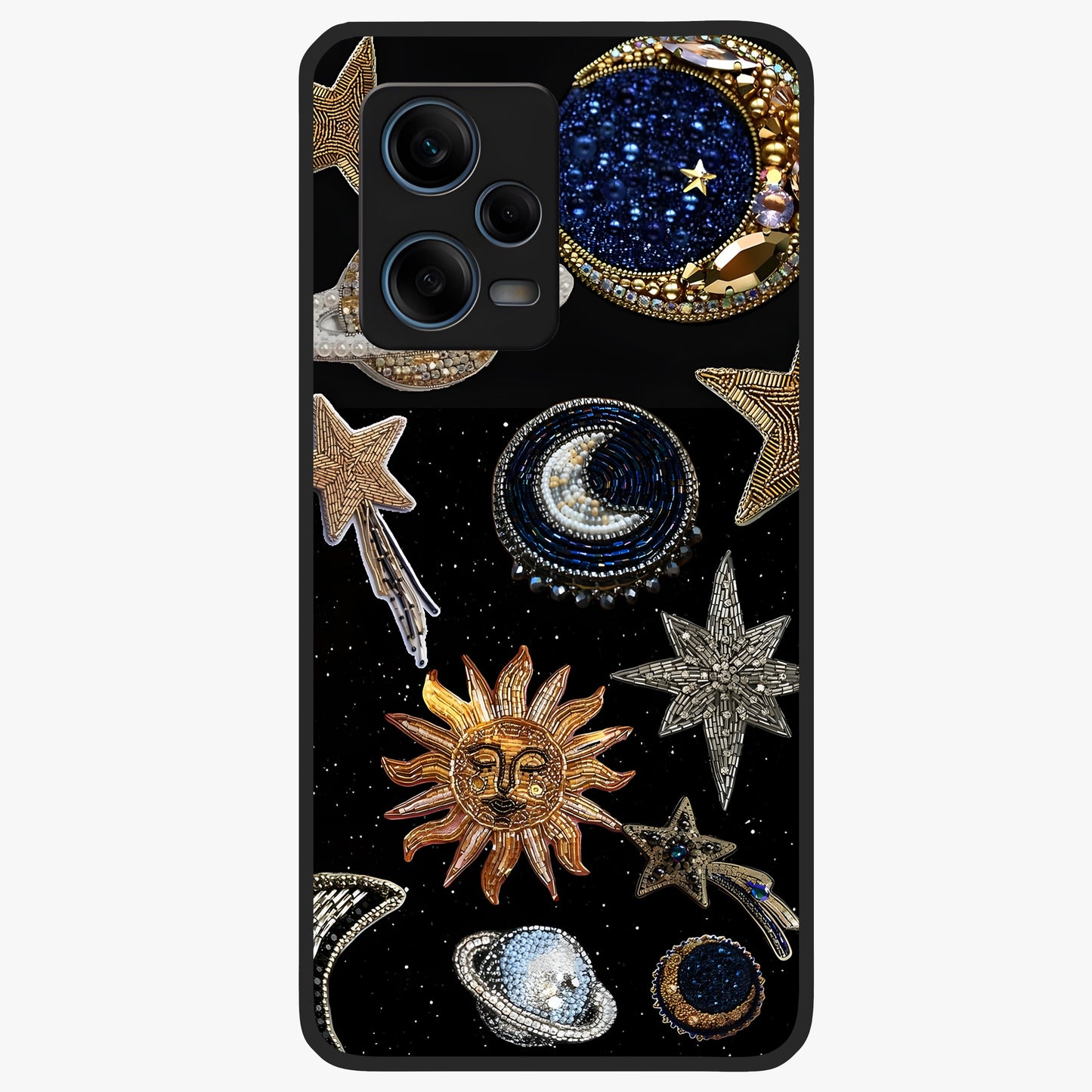 Celestial Gem Constellations Glass Case showing flat back view with sparkling constellation artwork and glossy glass finish.
