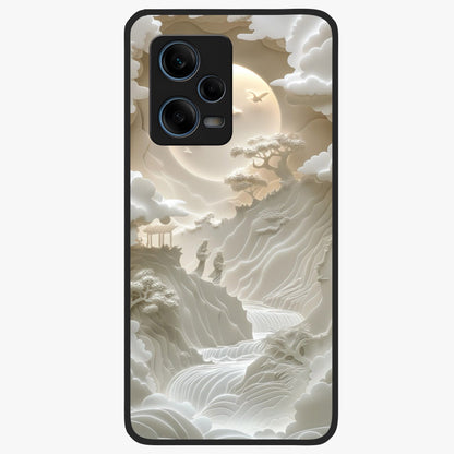 Celestial Origami Glass Case showing flat back view with artistic origami inspired celestial artwork and glossy glass finish.