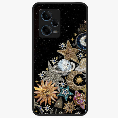 Cosmic Sparkle Dreams Glass Case showing flat back view with sparkling cosmic artwork and glossy glass finish.
