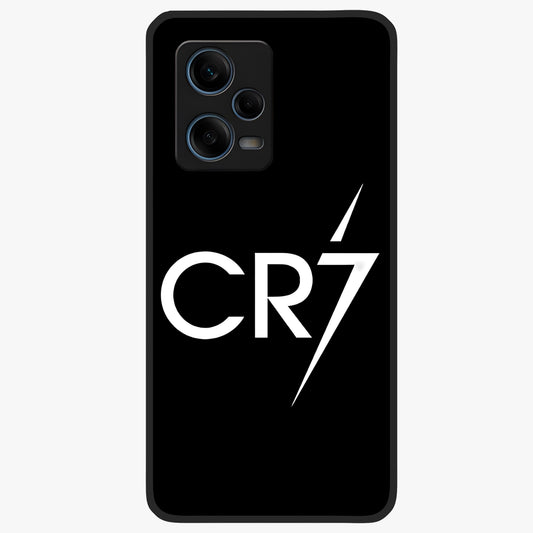 Cr7 Elite Strike Glass Case showing flat back view with dynamic football inspired artwork and glossy glass finish.