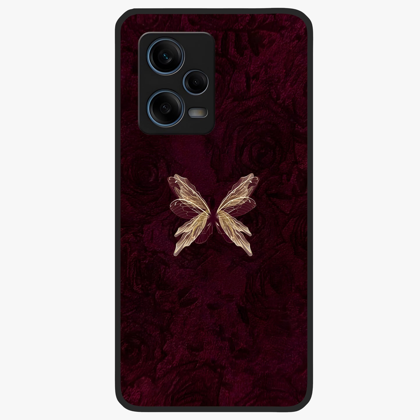 Crimson Fade Butterfly Glass Case showing flat back view with fading butterfly artwork and glossy glass finish.