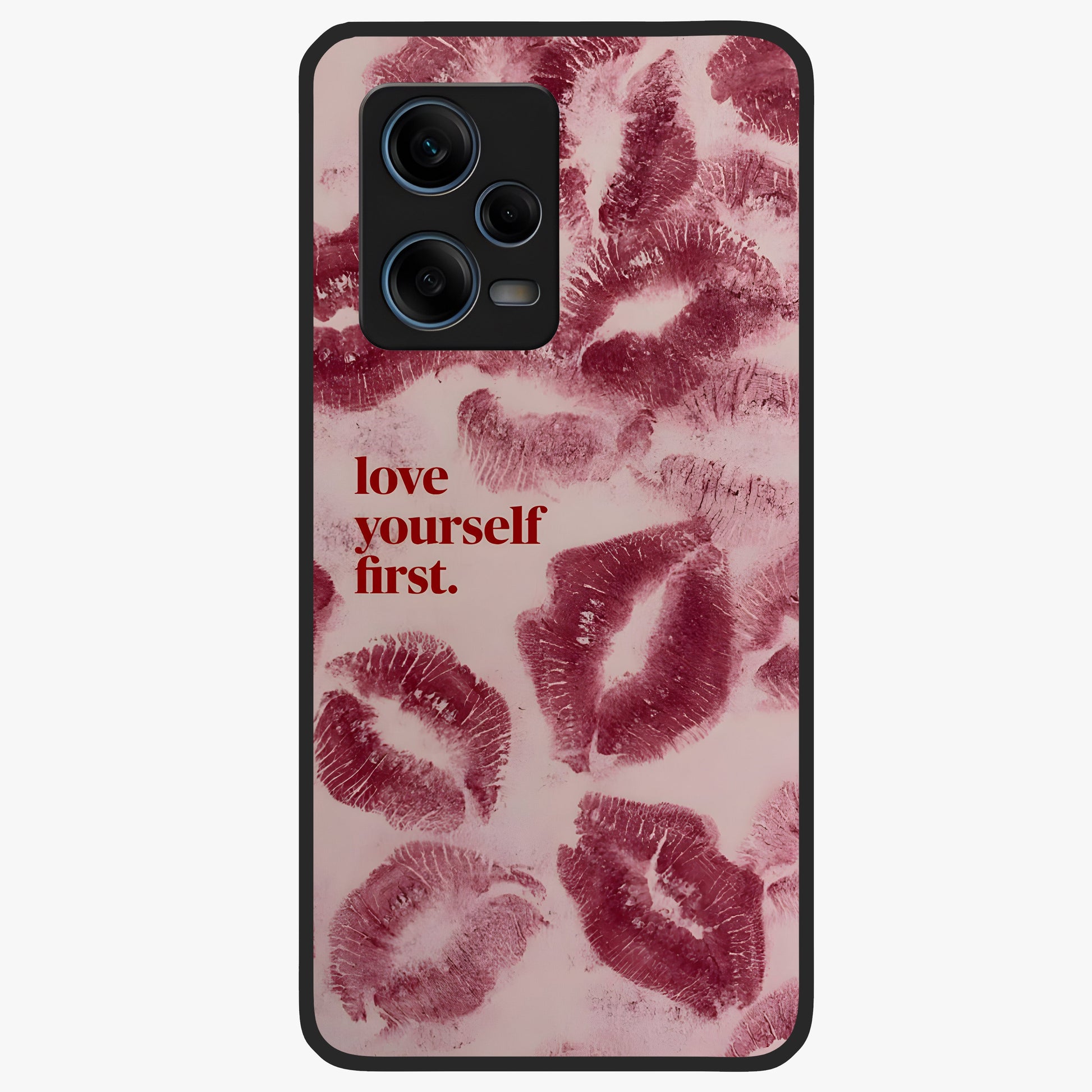 Crimson Kiss Love Glass Case showing flat back view with romantic crimson themed artwork and glossy glass finish.
