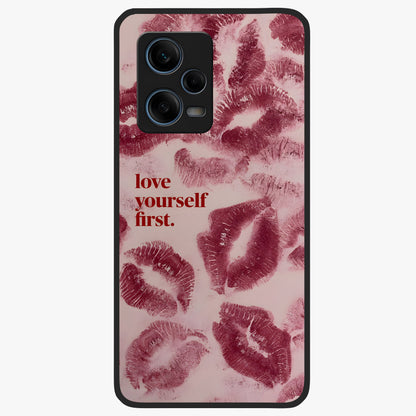 Crimson Kiss Love Glass Case showing flat back view with romantic crimson themed artwork and glossy glass finish.