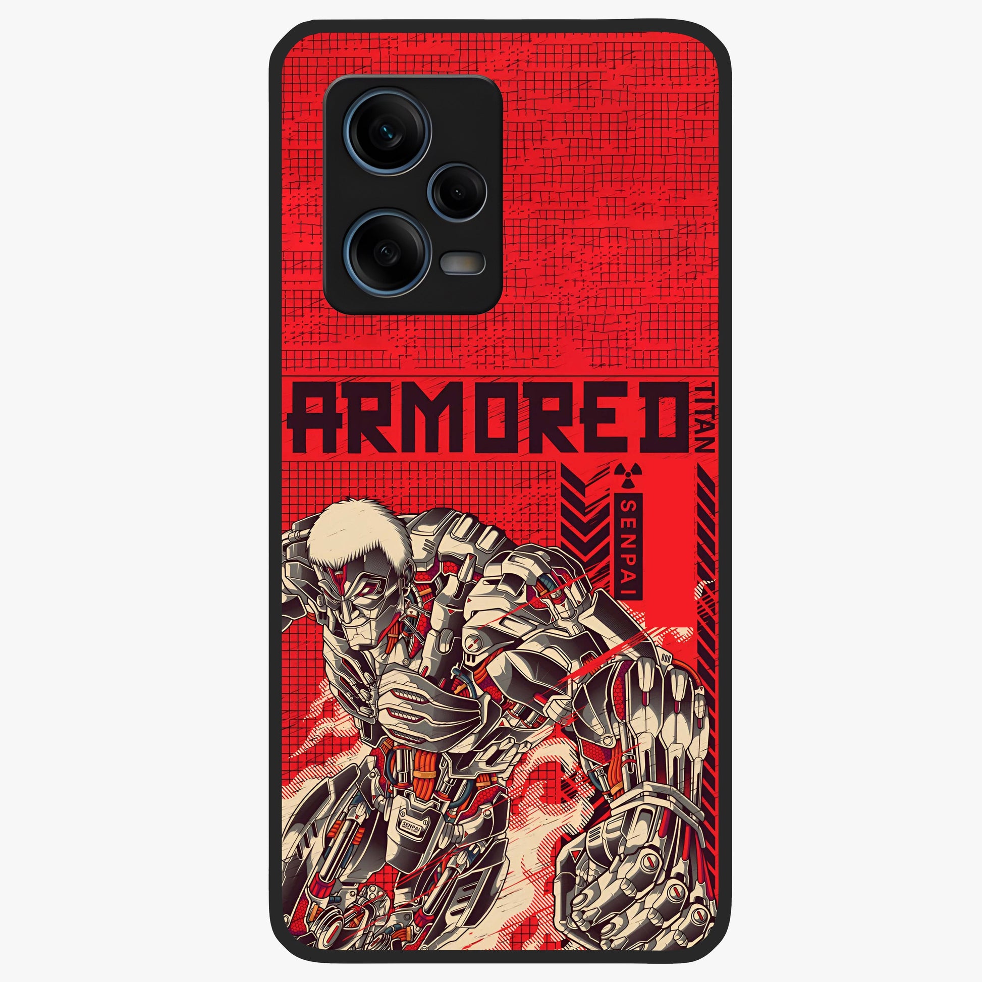 Crimson Mecha Titan Glass Case showing flat back view with powerful mech titan artwork and glossy glass finish.