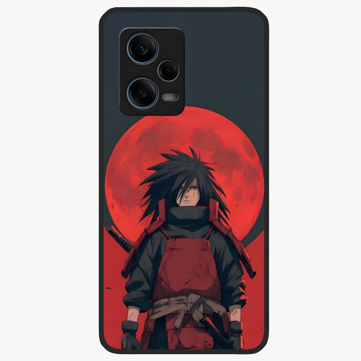Crimson Moon Warlord Glass Case showing flat back view with mystical moon warrior artwork and glossy glass finish.