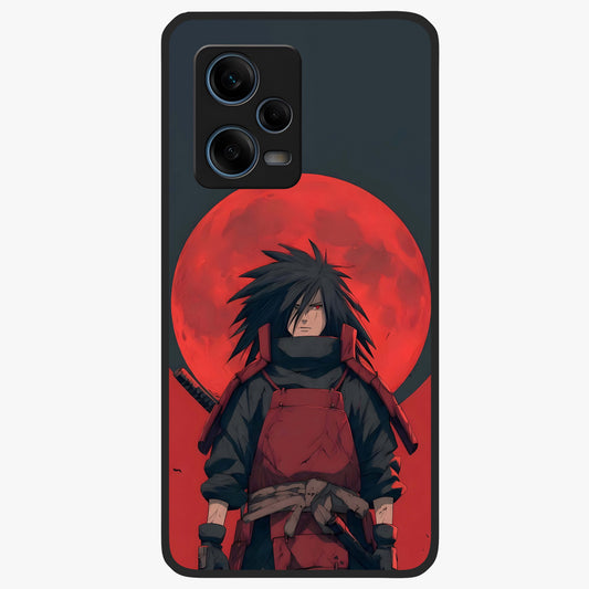 Crimson Moon Warlord Glass Case showing flat back view with mystical moon warrior artwork and glossy glass finish.
