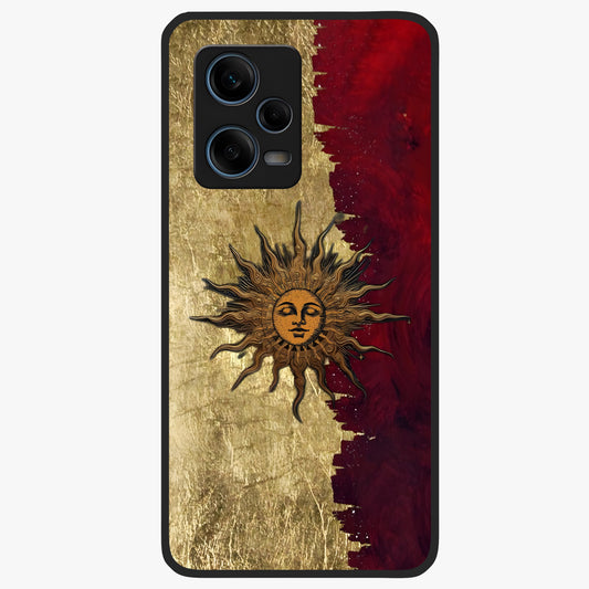 Crimson Sun Majesty Glass Case showing flat back view with radiant sun inspired artwork and glossy glass finish.