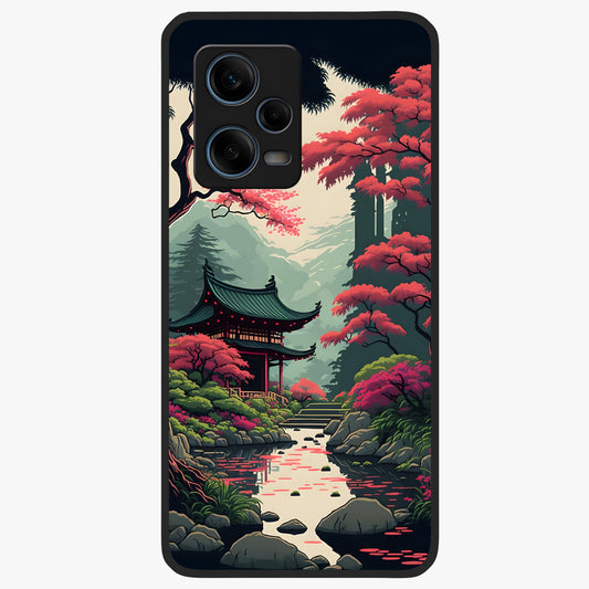Crimson Temple View Glass Case showing flat back view with temple inspired artwork and glossy glass finish.