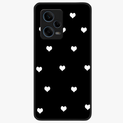 Cute And Simple White Hearts Glass Case showing flat back view with minimal white heart pattern and glossy glass finish.