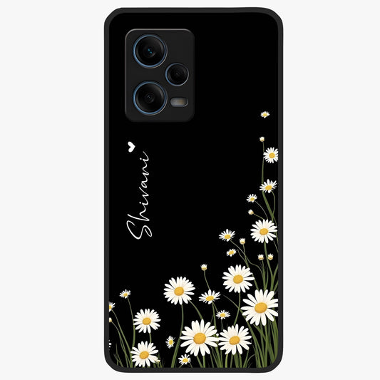 Daisy Cascade Custom Name Glass Case showing flat back view with cascading daisy flowers and personalized name design.