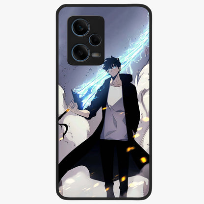 Dark Lightning Anime Warrior Glass Case showing flat back view with intense anime warrior artwork and glossy glass finish.