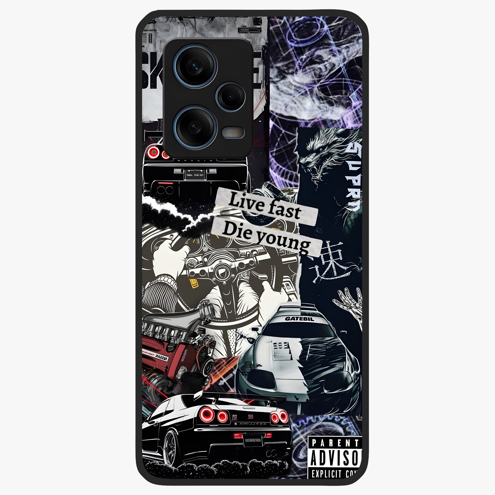 Die Young Glass Case showing flat back view with bold artistic typography design and glossy glass finish.