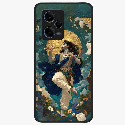 Divine Krishna Art Glass Case showing flat back view with Lord Krishna artwork and glossy glass finish.