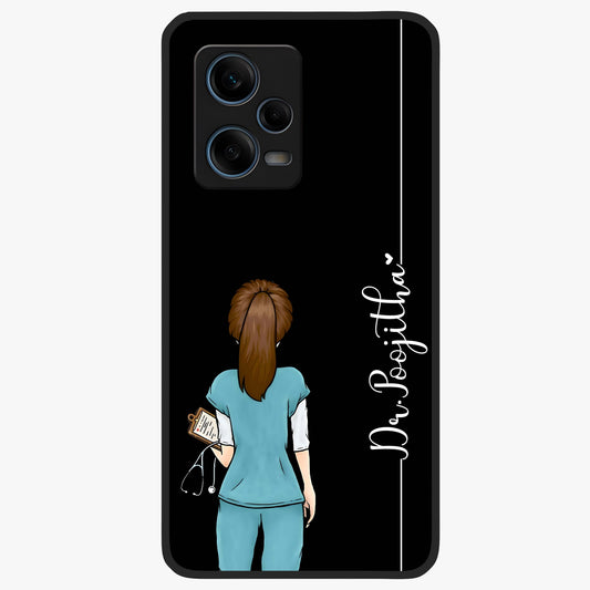 Doctor Pattern Custom Name Glass Case showing flat back view with medical themed pattern and personalized name design.
