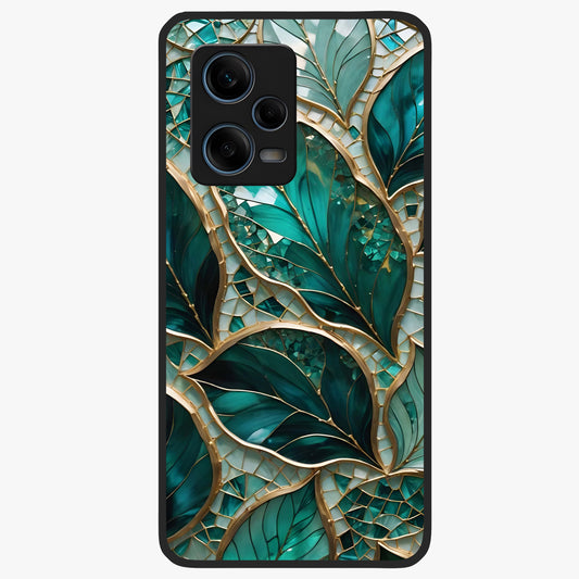 Emerald Leaf Glass Glass Case showing flat back view with emerald green leaf artwork and glossy glass finish.
