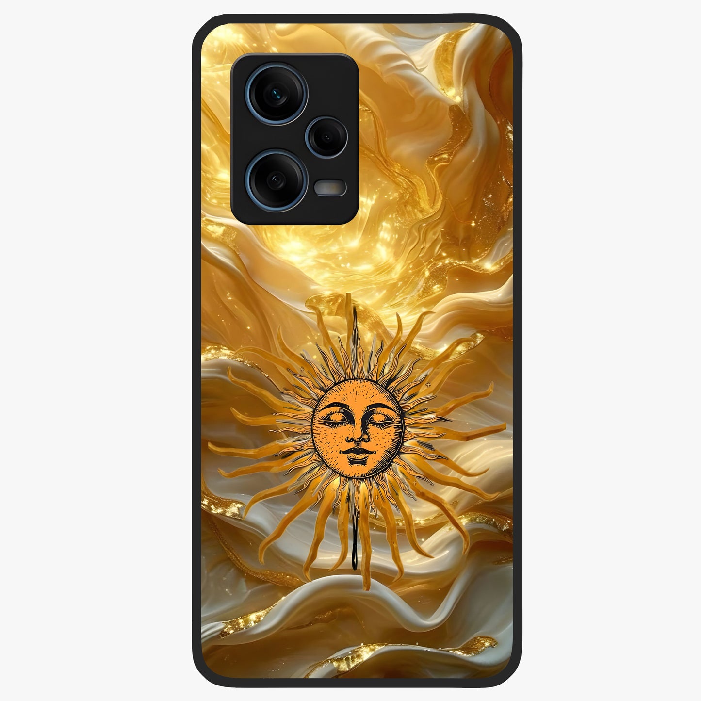 Eternal Golden Glow Glass Case showing flat back view with radiant golden themed artwork and glossy glass finish.