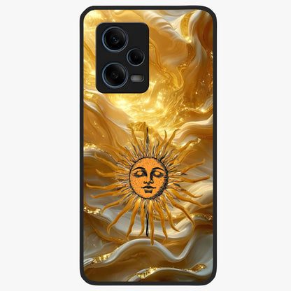 Eternal Golden Glow Glass Case showing flat back view with radiant golden themed artwork and glossy glass finish.