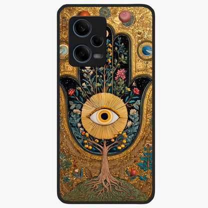 Ethereal Evil Eye Glass Case showing flat back view with mystical evil eye artwork and glossy glass finish.