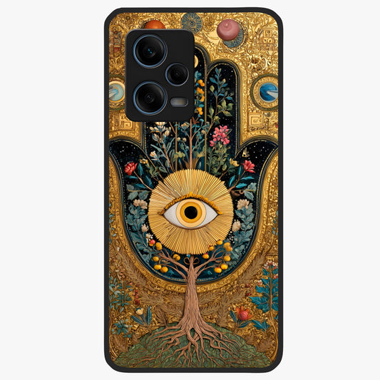 Ethereal Evil Eye Glass Case showing flat back view with mystical evil eye artwork and glossy glass finish.
