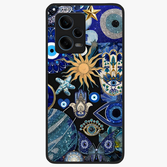 Evil Eye Charm Mix Glass Case showing flat back view with multiple evil eye charms artwork and glossy glass finish.