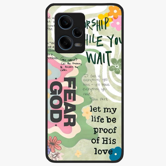 Faith Over Fear Glass Case showing flat back view with motivational typography artwork and glossy glass finish.