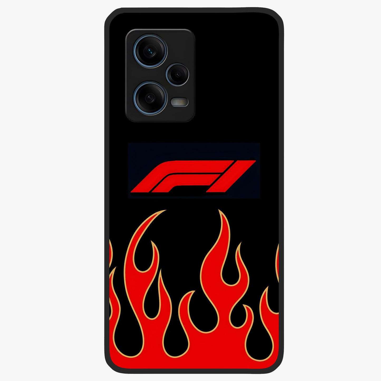 Fire F11 Glass Case showing flat back view with fiery themed artwork and glossy glass finish.