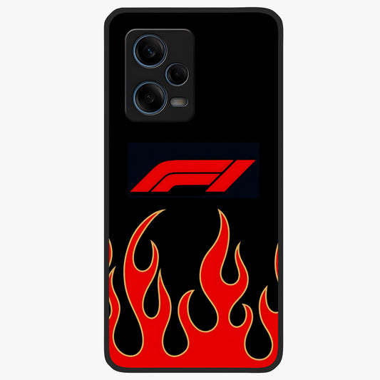 Fire F11 Glass Case showing flat back view with fiery themed artwork and glossy glass finish.