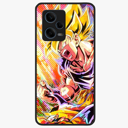 Firing Goku Glass Case showing flat back view with powerful anime inspired artwork and glossy glass finish.