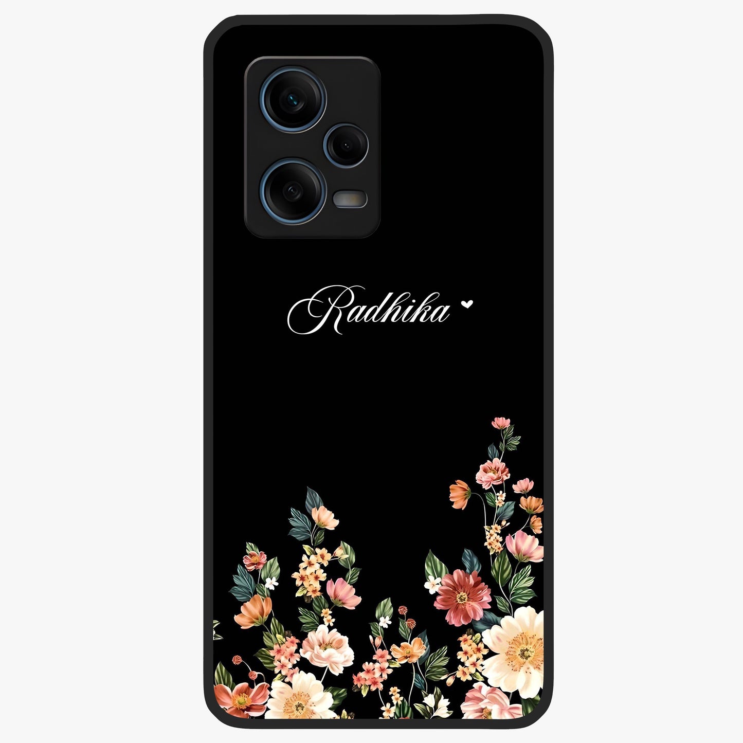Floral Design With a Custom Personalized Name Glass Case showing flat back view with floral artwork and personalized name design.