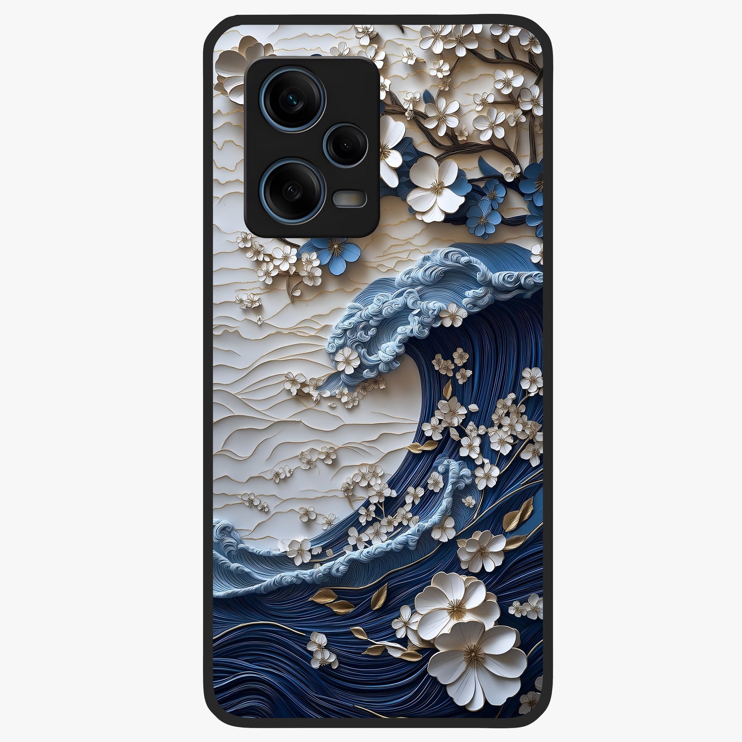 Floral Wave Origami Glass Case showing flat back view with origami inspired floral wave artwork and glossy glass finish.