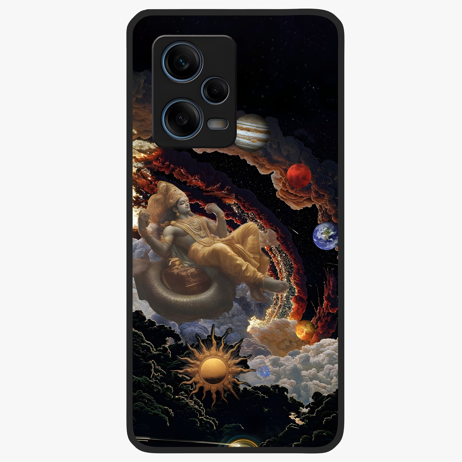 Galactic Divine God Glass Case showing flat back view with divine cosmic themed artwork and glossy glass finish.
