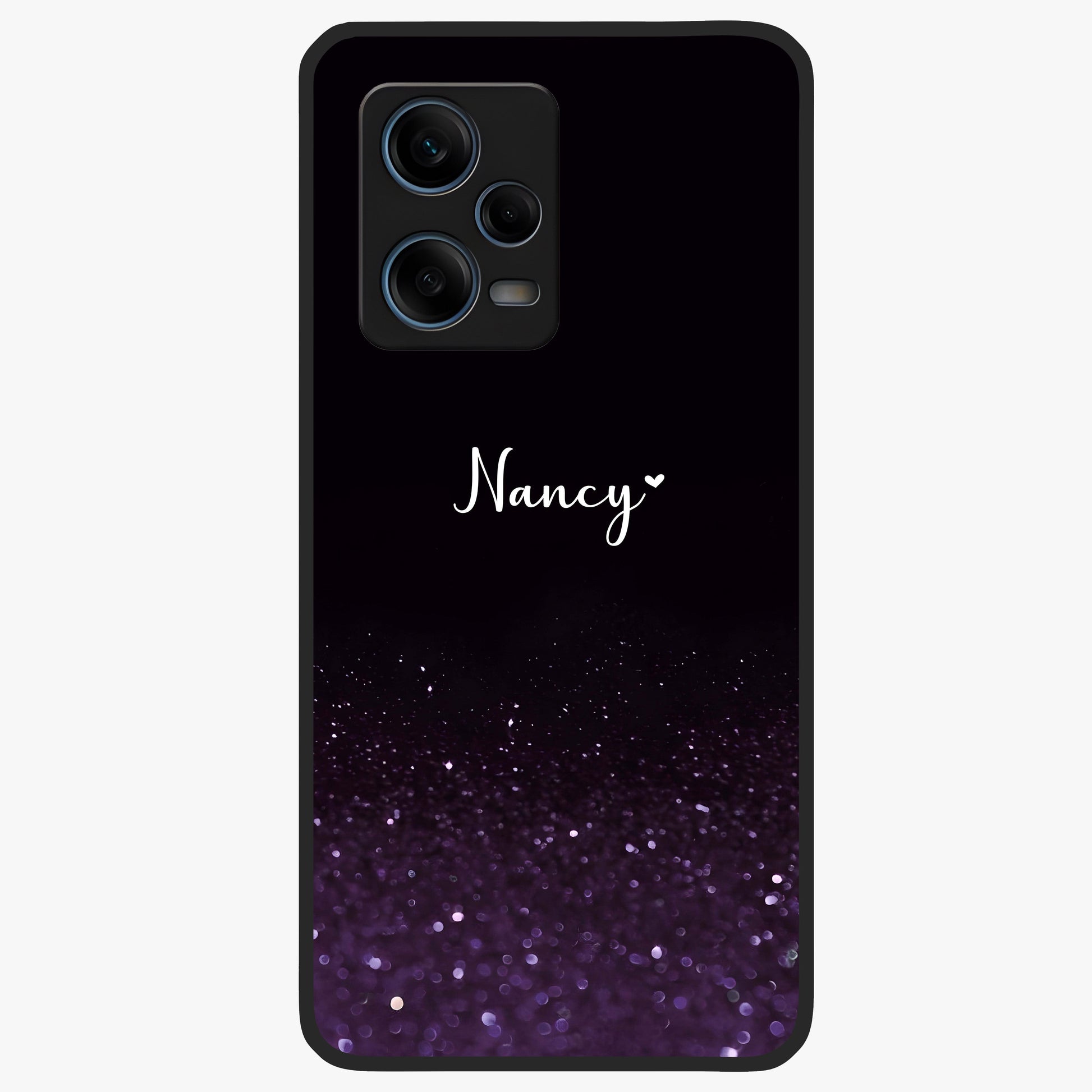 Glittery Purple Bokeh Custom Name Glass Case showing flat back view with purple bokeh sparkle artwork and personalized name design.