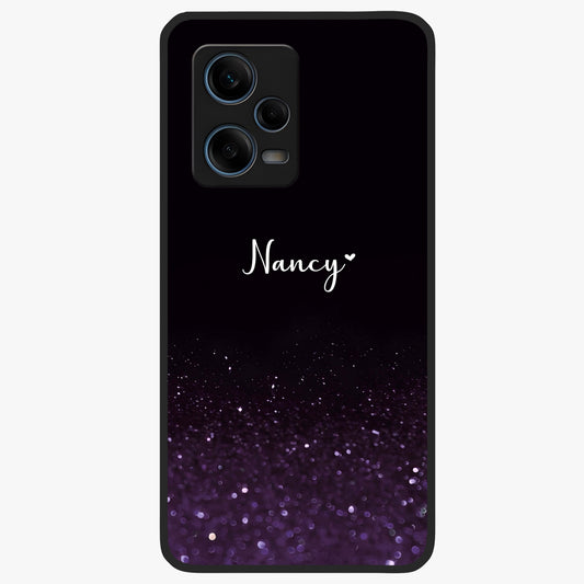 Glittery Purple Bokeh Custom Name Glass Case showing flat back view with purple bokeh sparkle artwork and personalized name design.