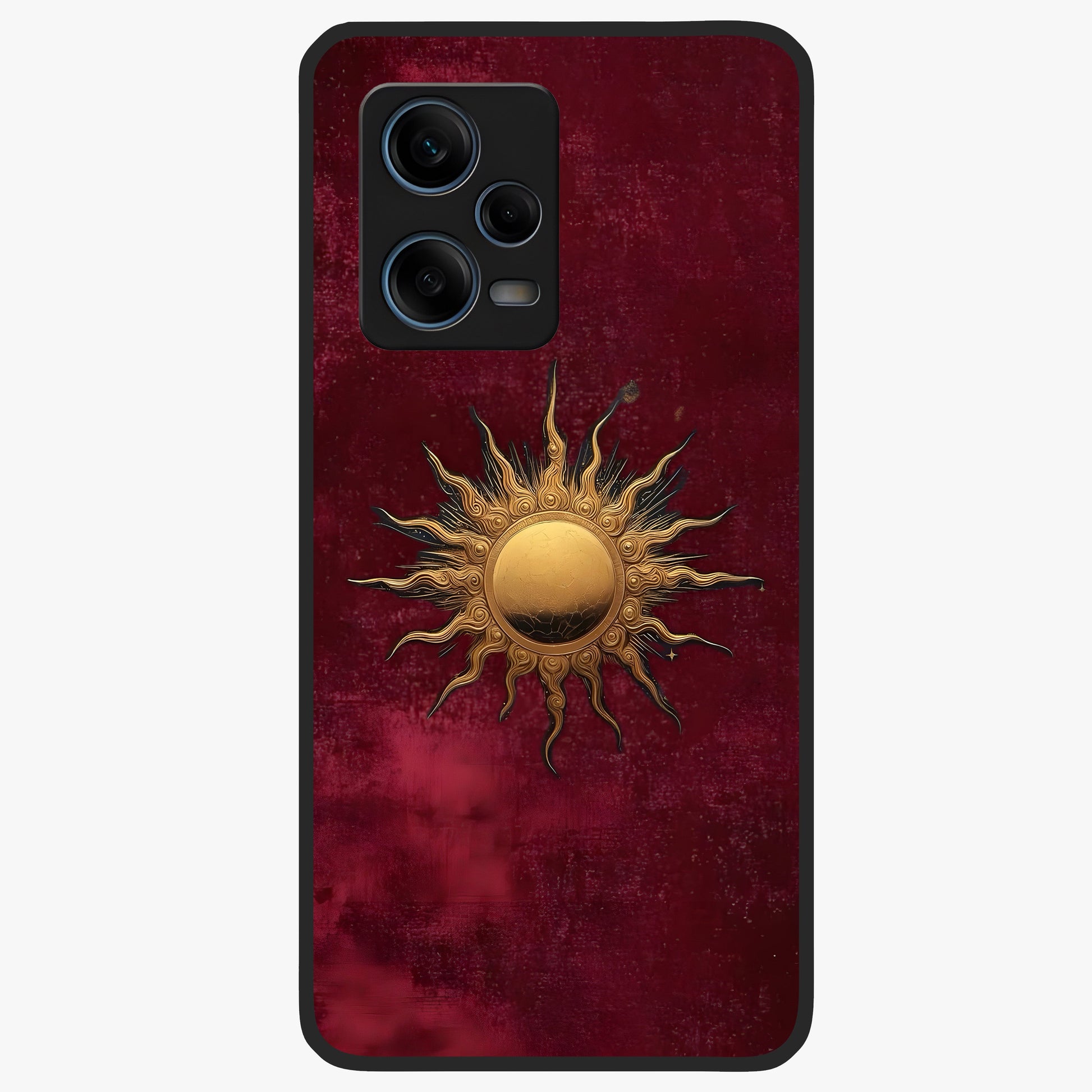 Gold Sun Blush Glass Case showing flat back view with golden sun inspired artwork and glossy glass finish.